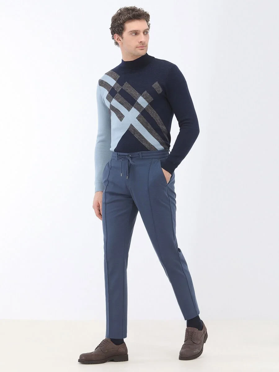 Navy Blue Knitting Jogging Fit Casual Trousers - 2