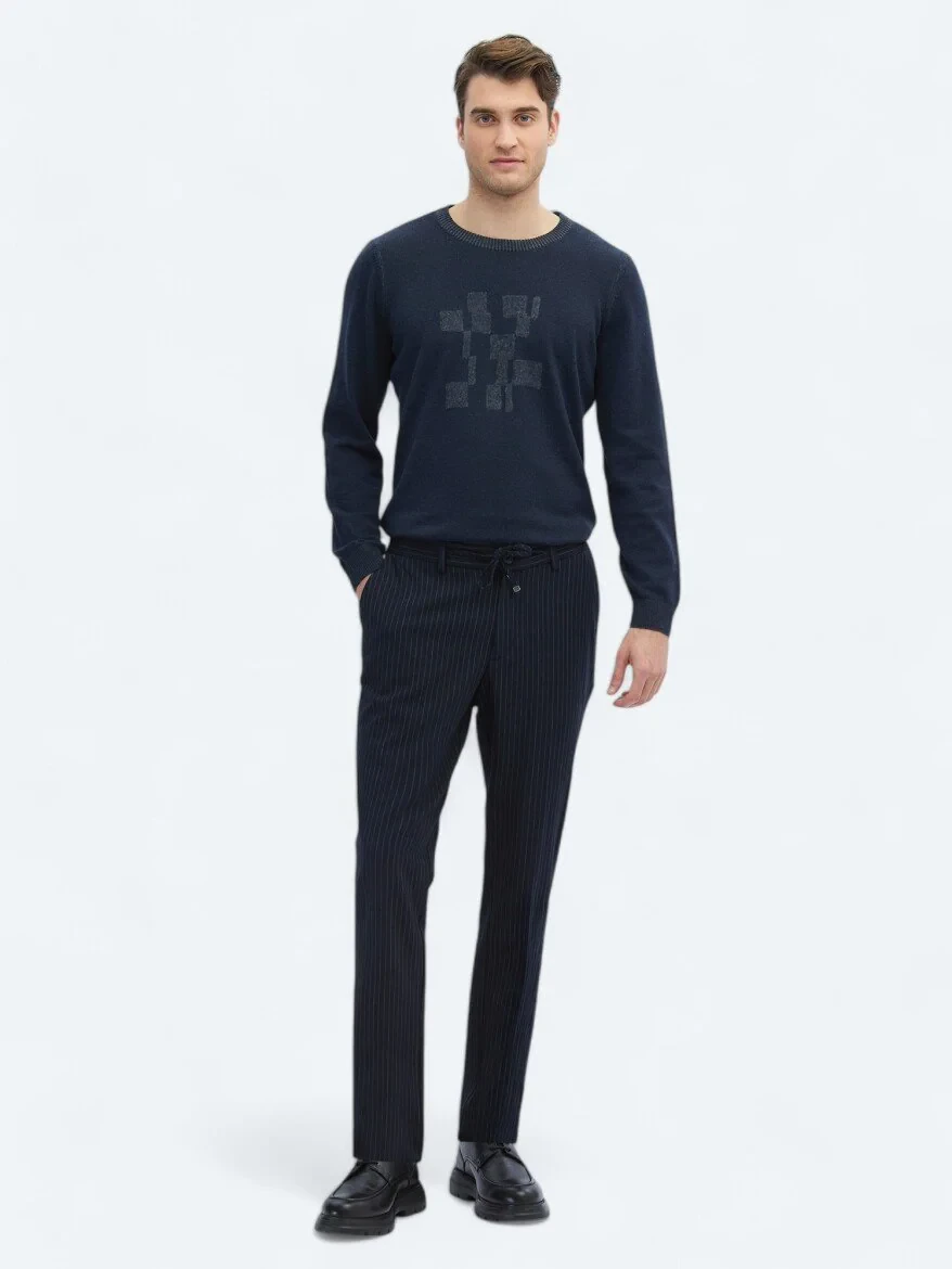 Navy Blue Knitting Jogging Fit Casual Trousers - 1
