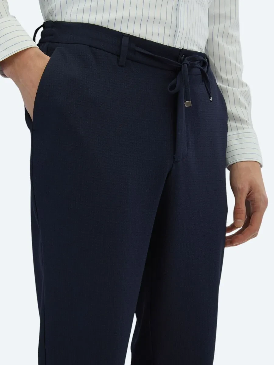 Navy Blue Knitting Jogging Fit Casual Trousers - 3