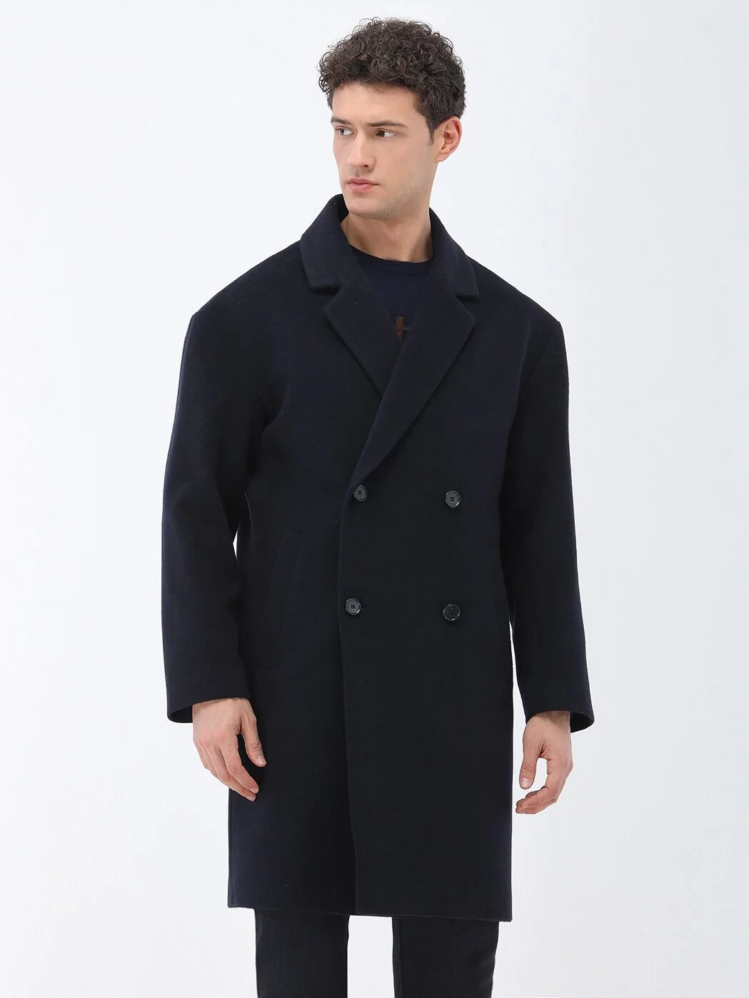 Navy Blue Knitting Overcoat - 1