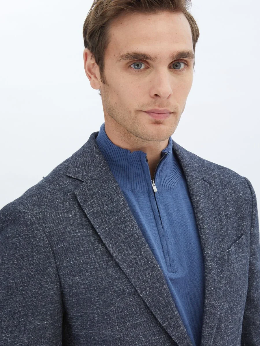 Navy Blue Micro Fitted Fit Wool Blended Jacket - 3