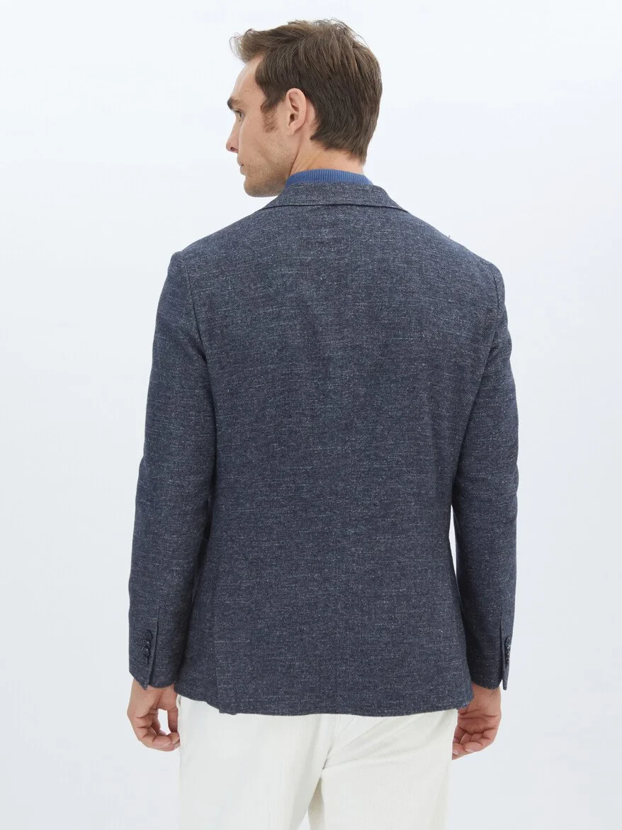 Navy Blue Micro Fitted Fit Wool Blended Jacket - 5