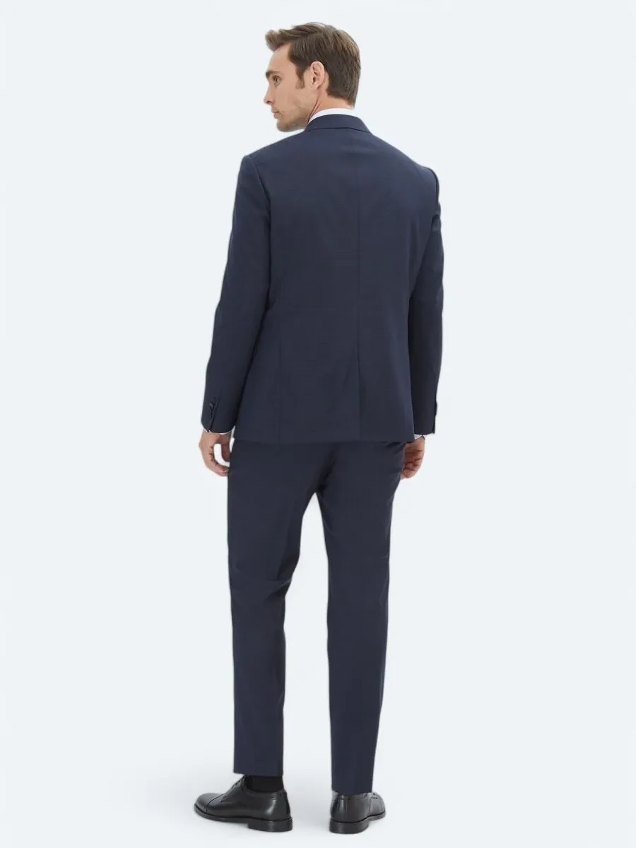 Navy Blue Micro Modern Fit Wool Blended Suit - 5