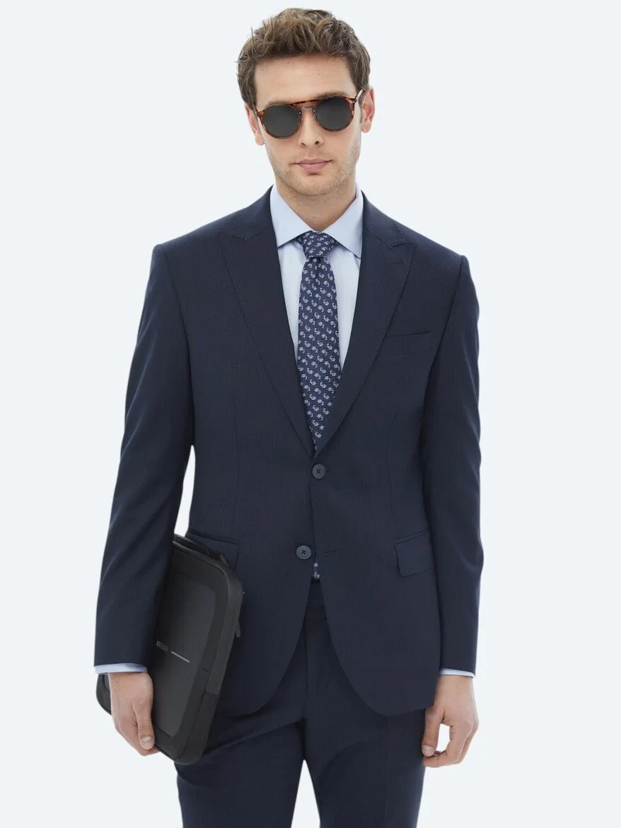 Navy Blue Micro Modern Fit Wool Blended Suit - 1