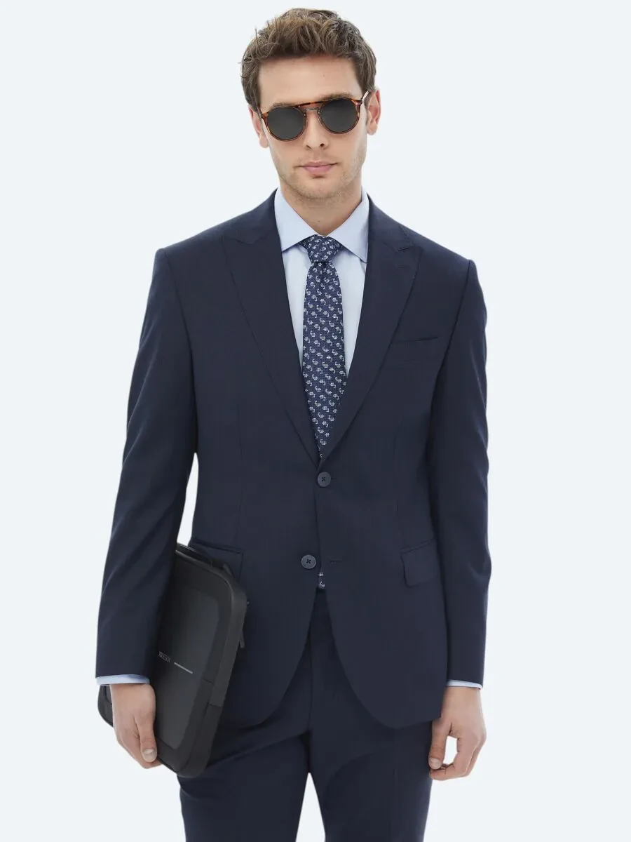 Navy Blue Micro Modern Fit Wool Blended Suit - 1