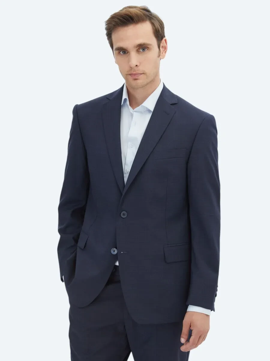 Navy Blue Micro Regular Fit Wool Blended Suit - 1
