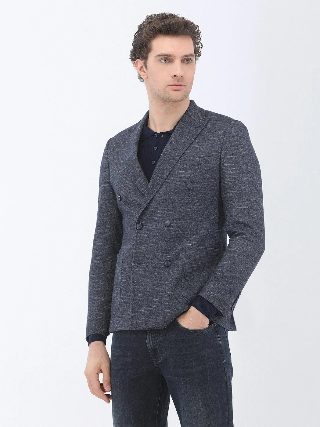Navy Blue Micro Slim Fit Wool Blended Jacket - 1