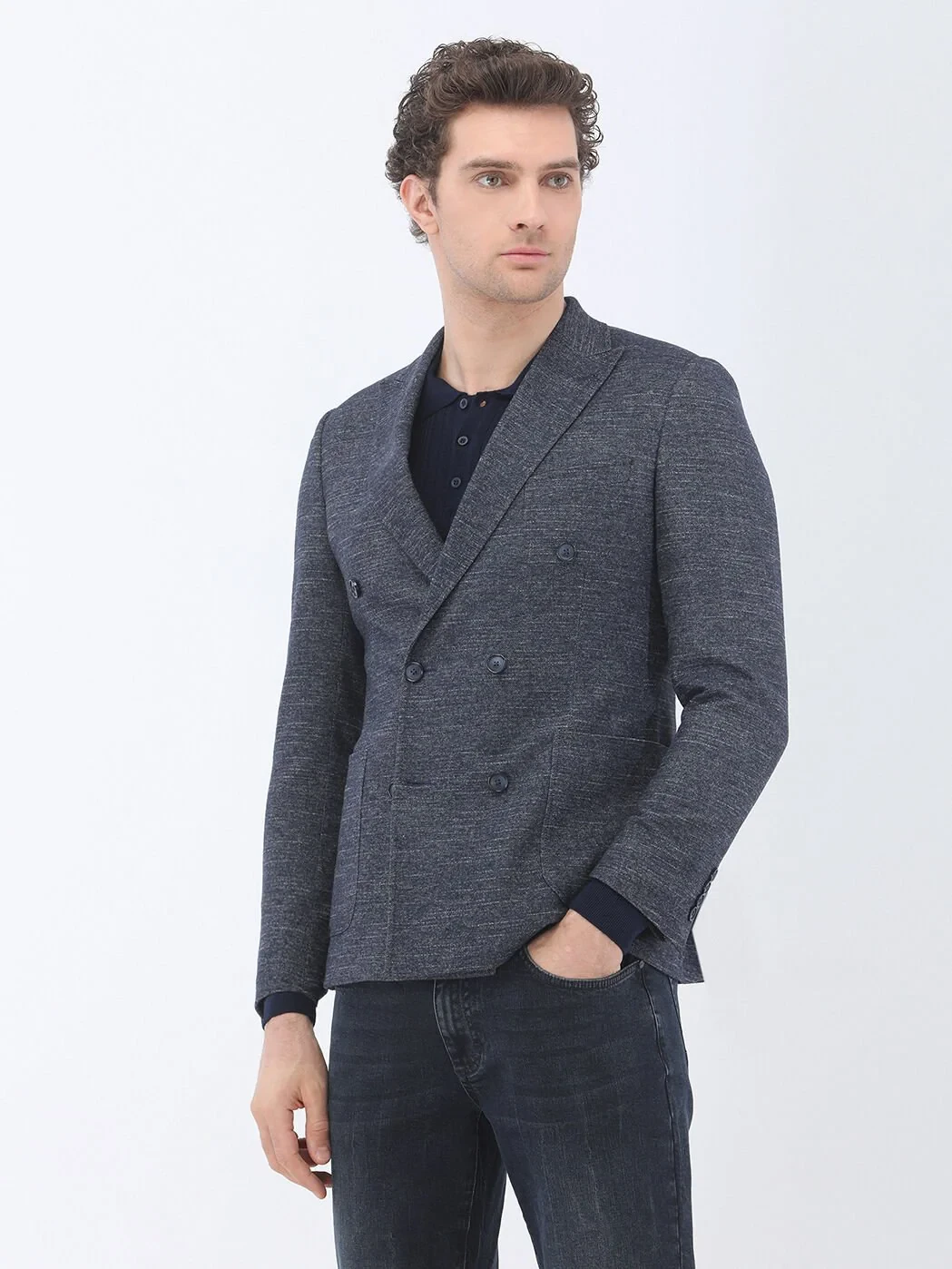 Navy Blue Micro Slim Fit Wool Blended Jacket - 1