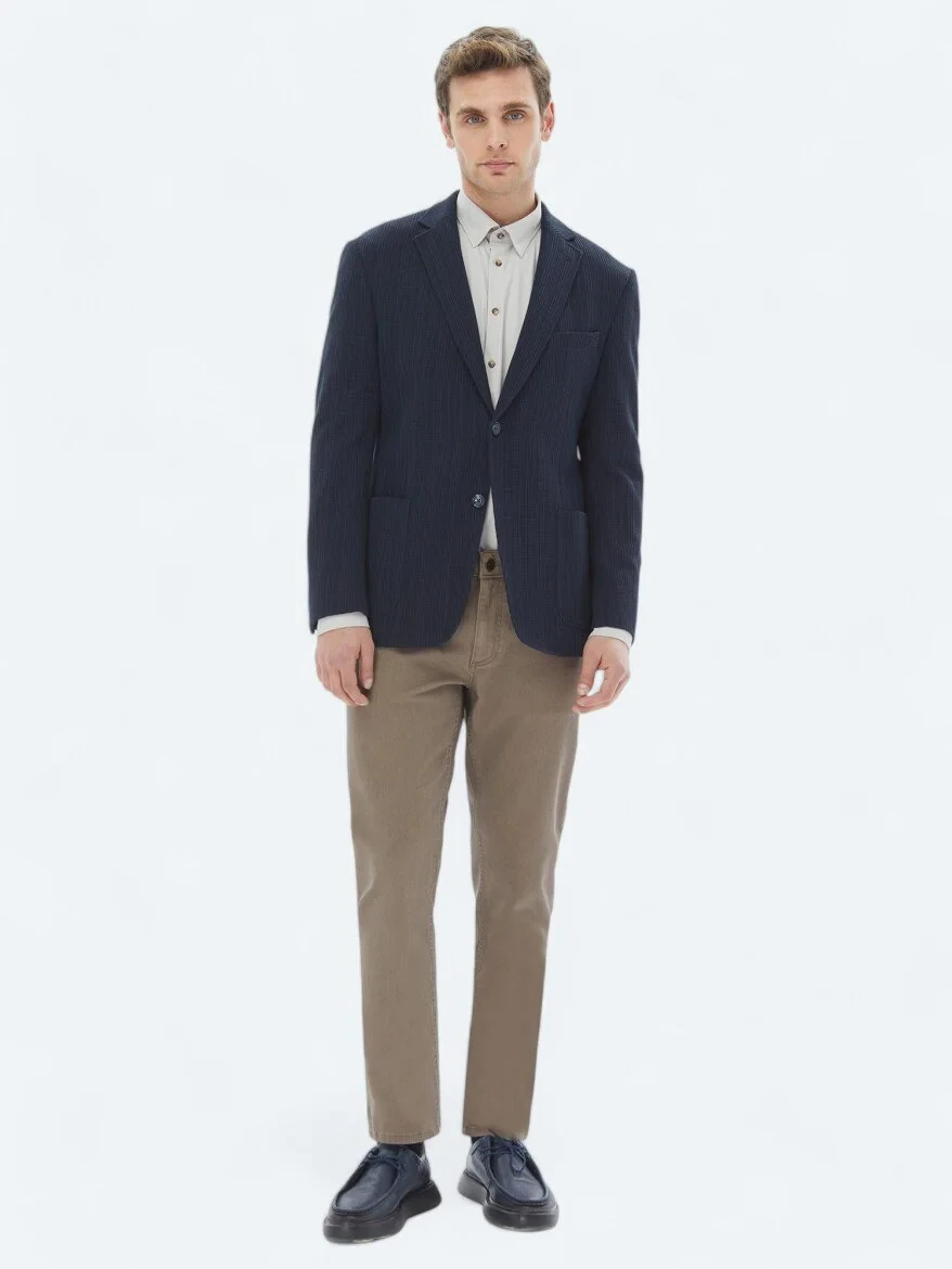 Navy Blue Patterned Modern Fit 100% Cotton Jacket - 2