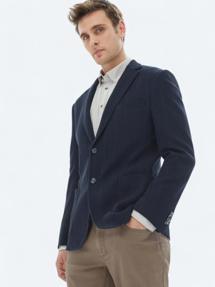 Navy Blue Patterned Modern Fit 100% Cotton Jacket - 3