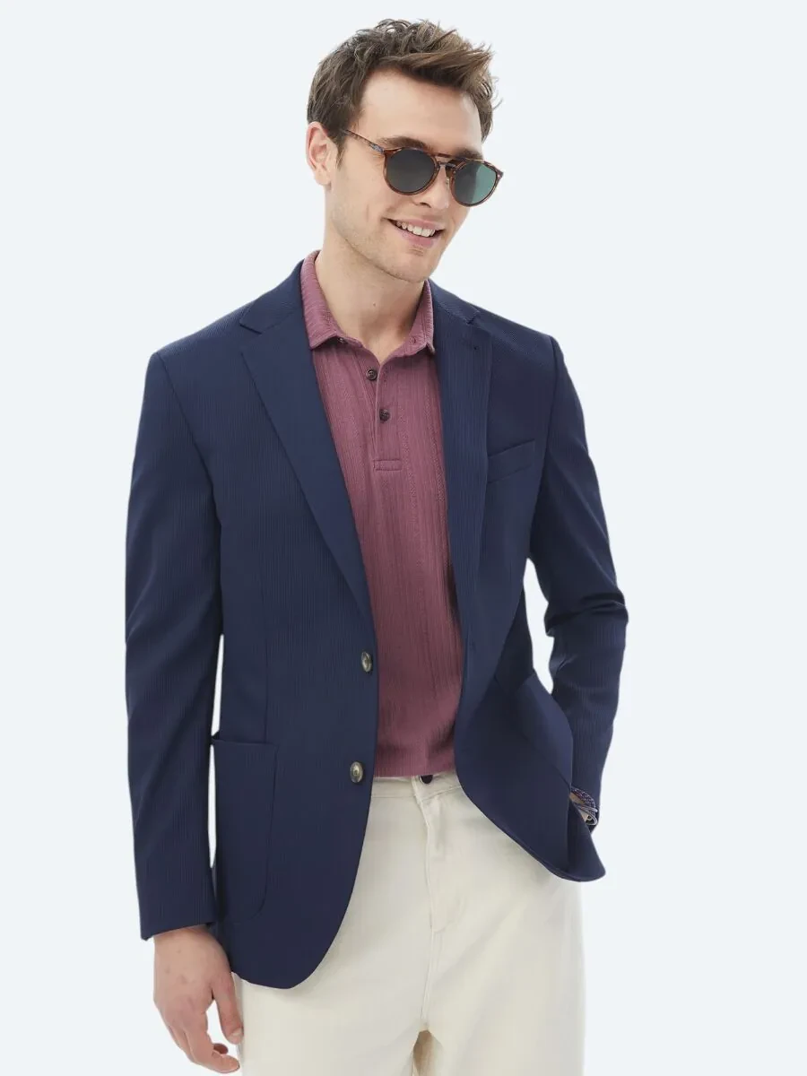 Navy Blue Patterned Modern Fit Jacket - 1