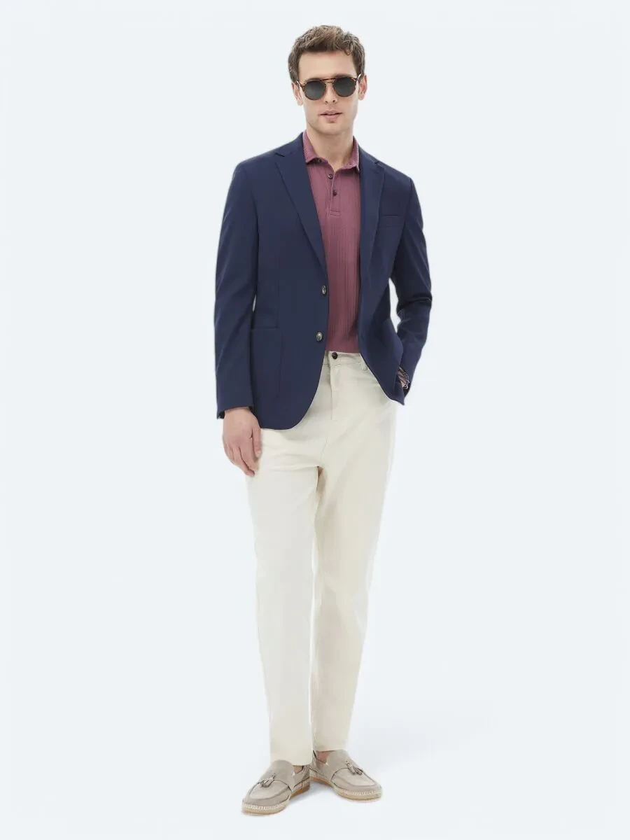 Navy Blue Patterned Modern Fit Jacket - 2