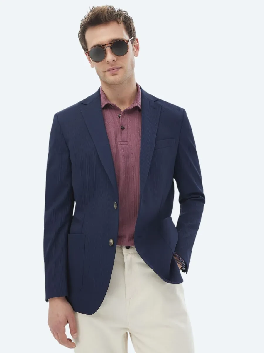 Navy Blue Patterned Modern Fit Jacket - 3