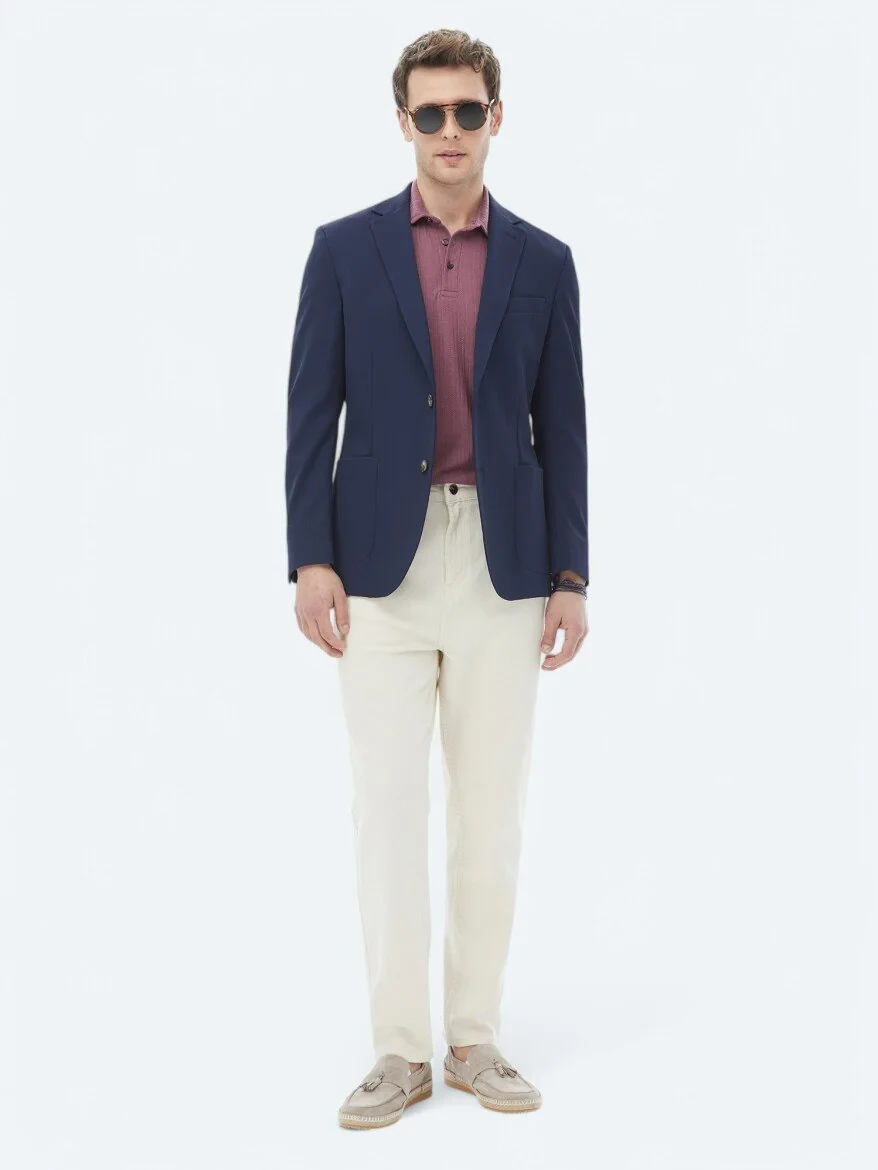 Navy Blue Patterned Modern Fit Jacket - 4