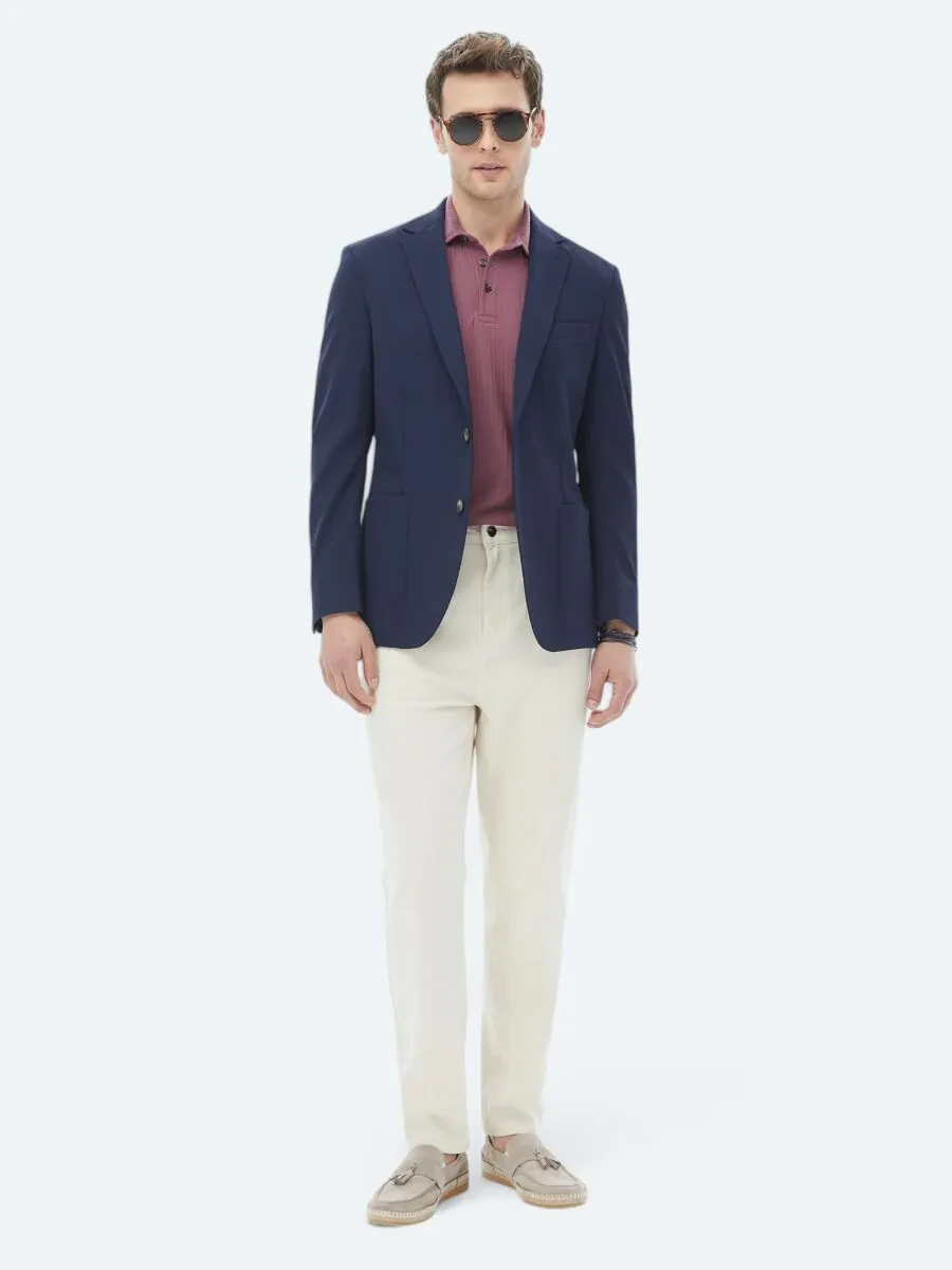 Navy Blue Patterned Modern Fit Jacket - 4