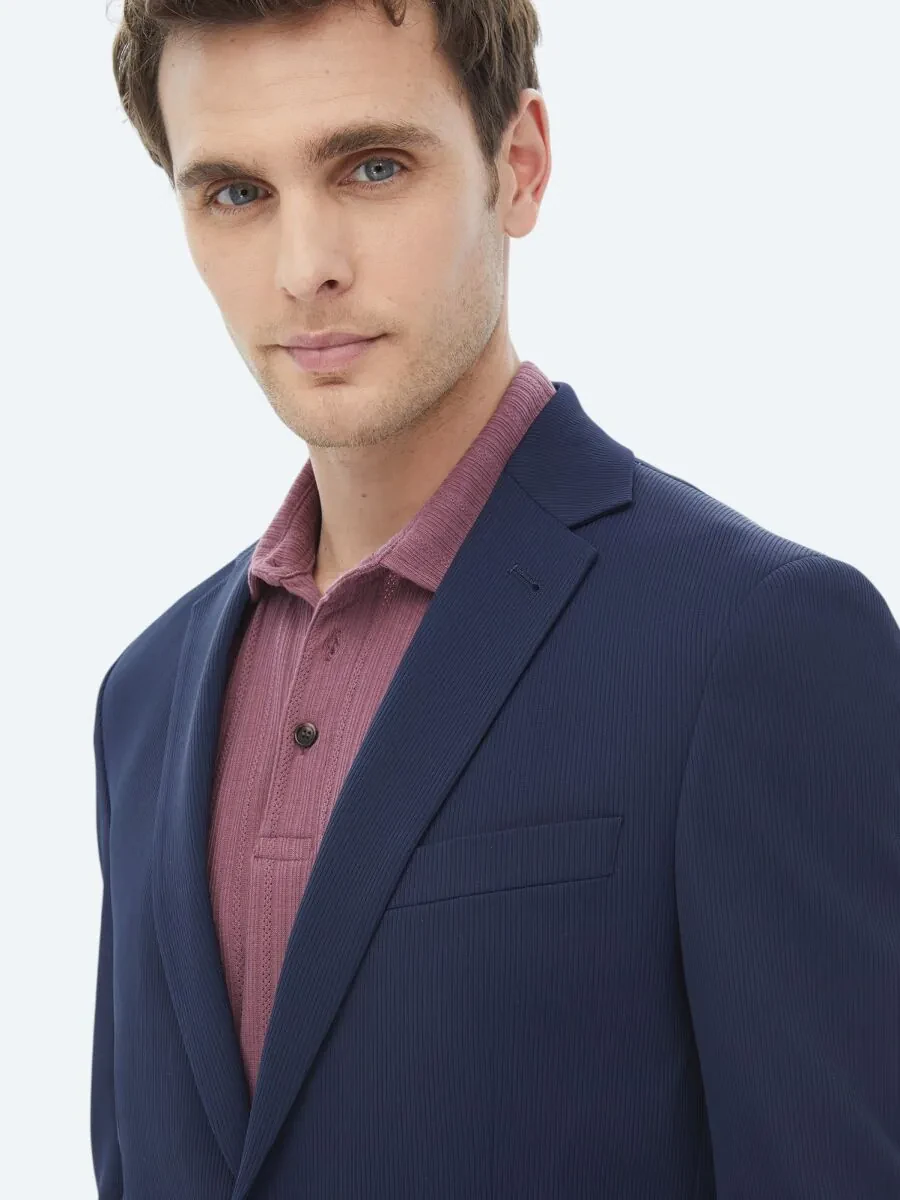 Navy Blue Patterned Modern Fit Jacket - 5