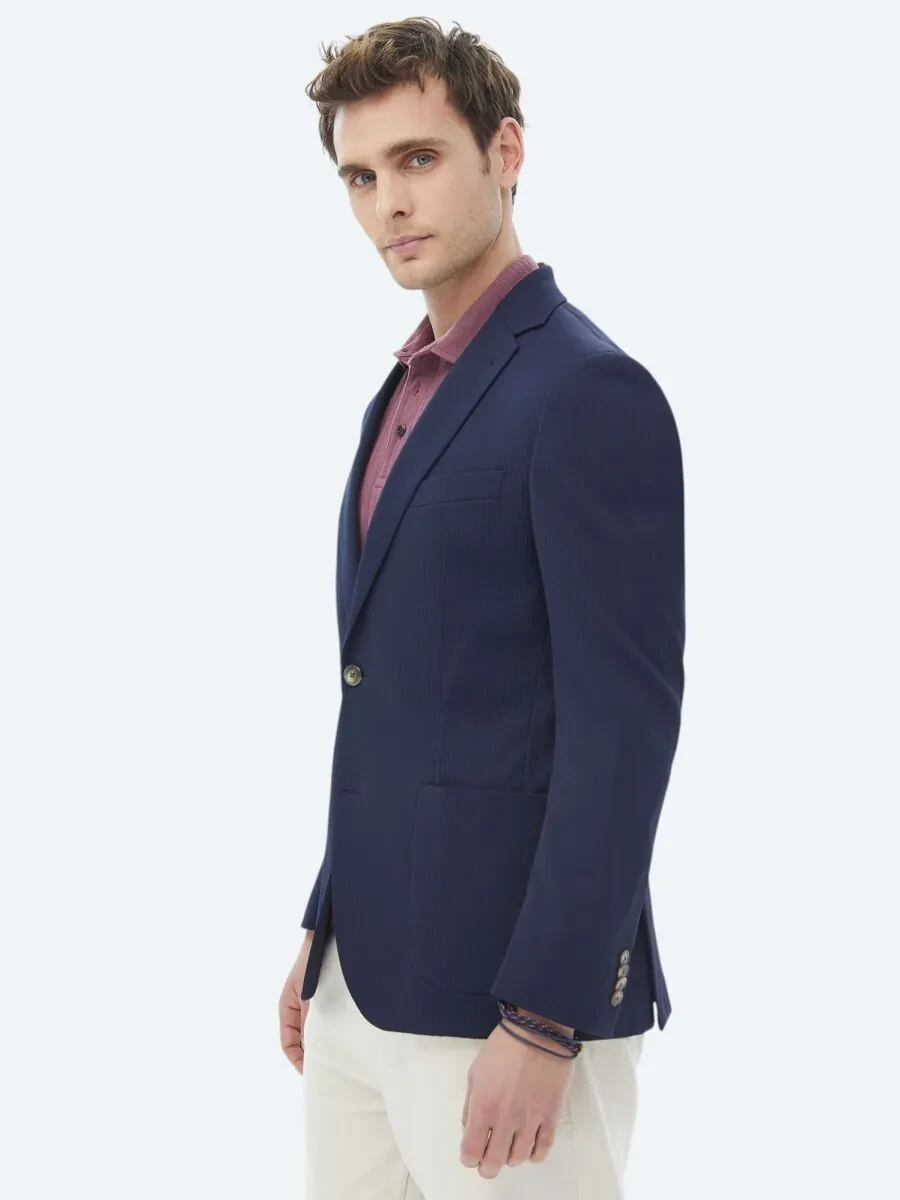 Navy Blue Patterned Modern Fit Jacket - 6