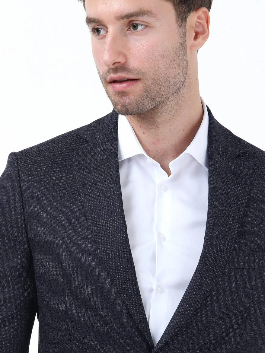 Navy Blue Patterned Modern Fit Suit - 3