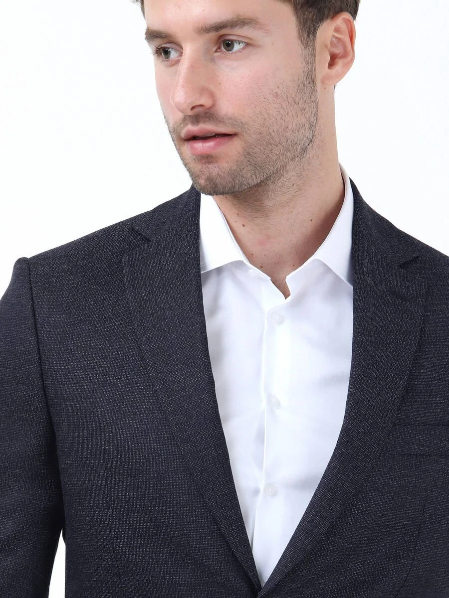 Navy Blue Patterned Modern Fit Suit - 3