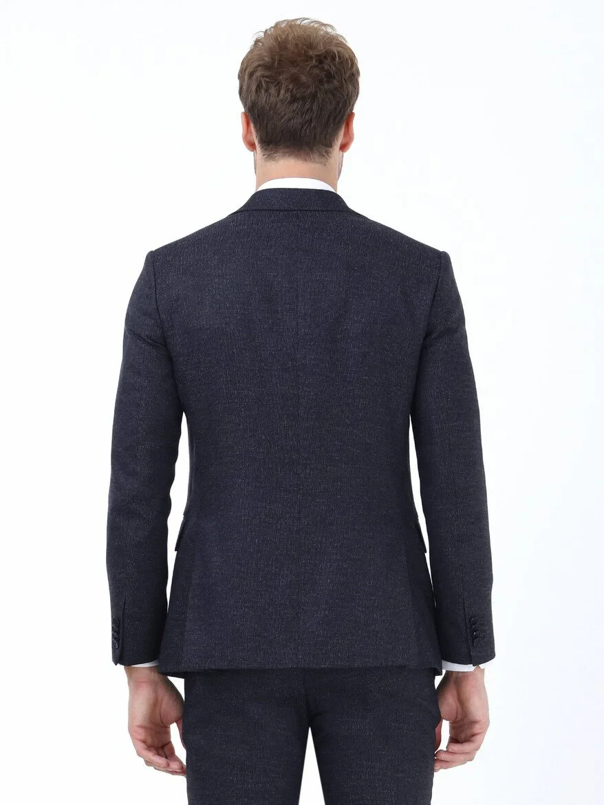Navy Blue Patterned Modern Fit Suit - 5