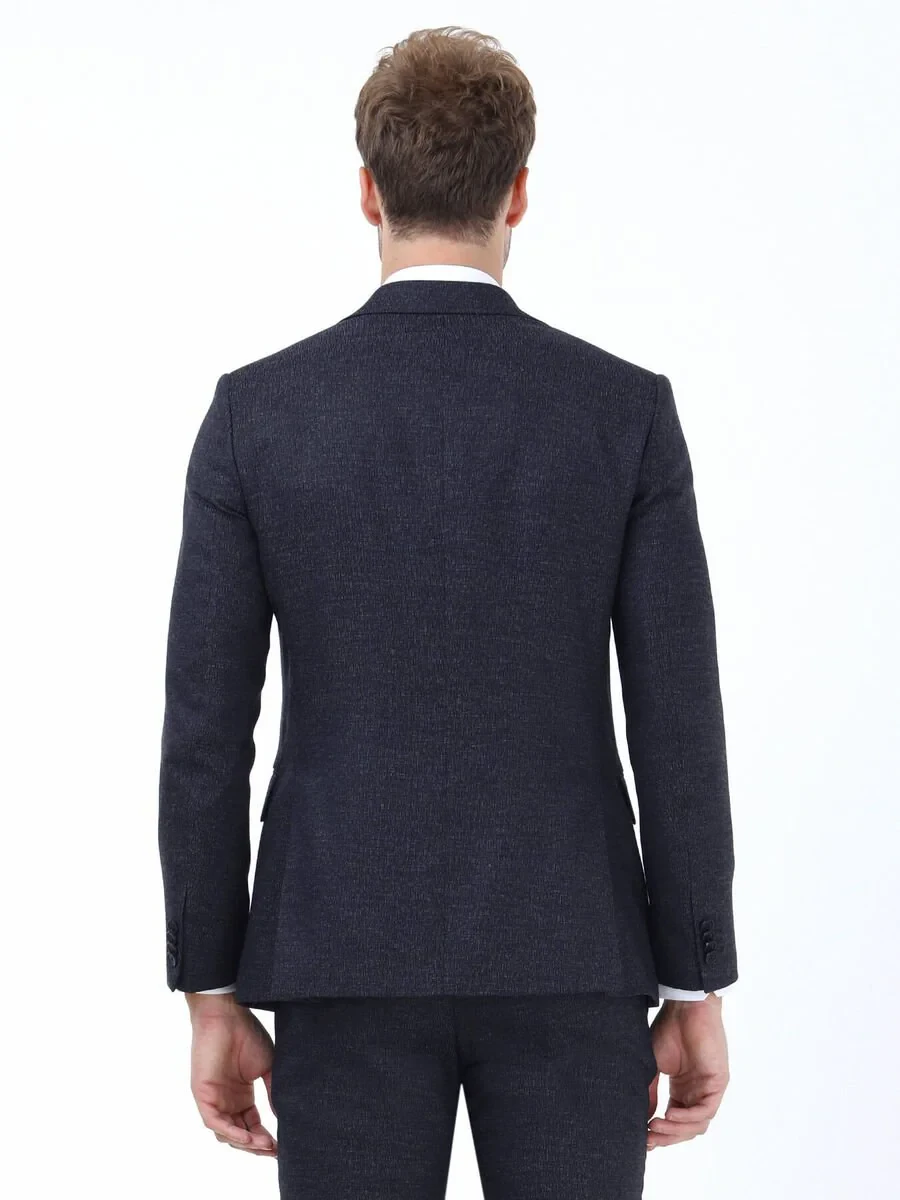 Navy Blue Patterned Modern Fit Suit - 5