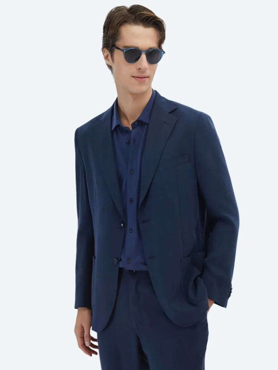 Navy Blue Patterned Modern Fit Suit - 1