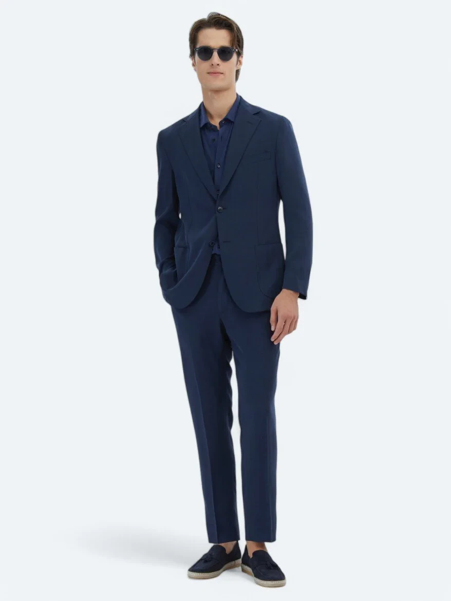 Navy Blue Patterned Modern Fit Suit - 2