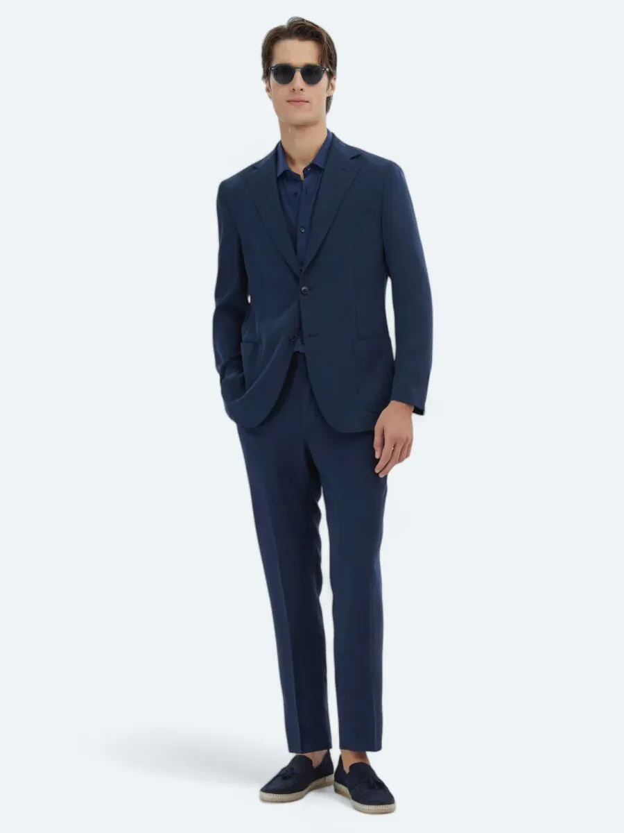 Navy Blue Patterned Modern Fit Suit - 2