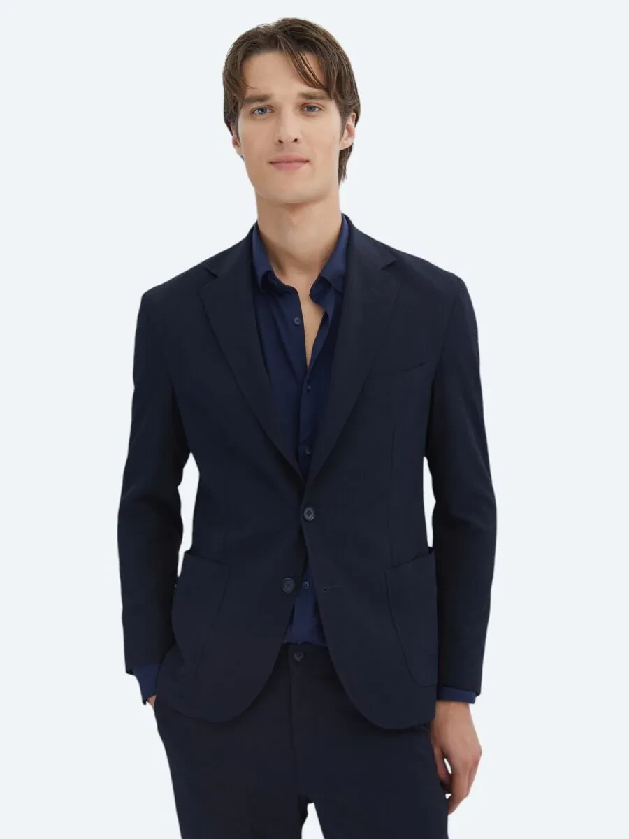 Navy Blue Patterned Modern Fit Suit - 3