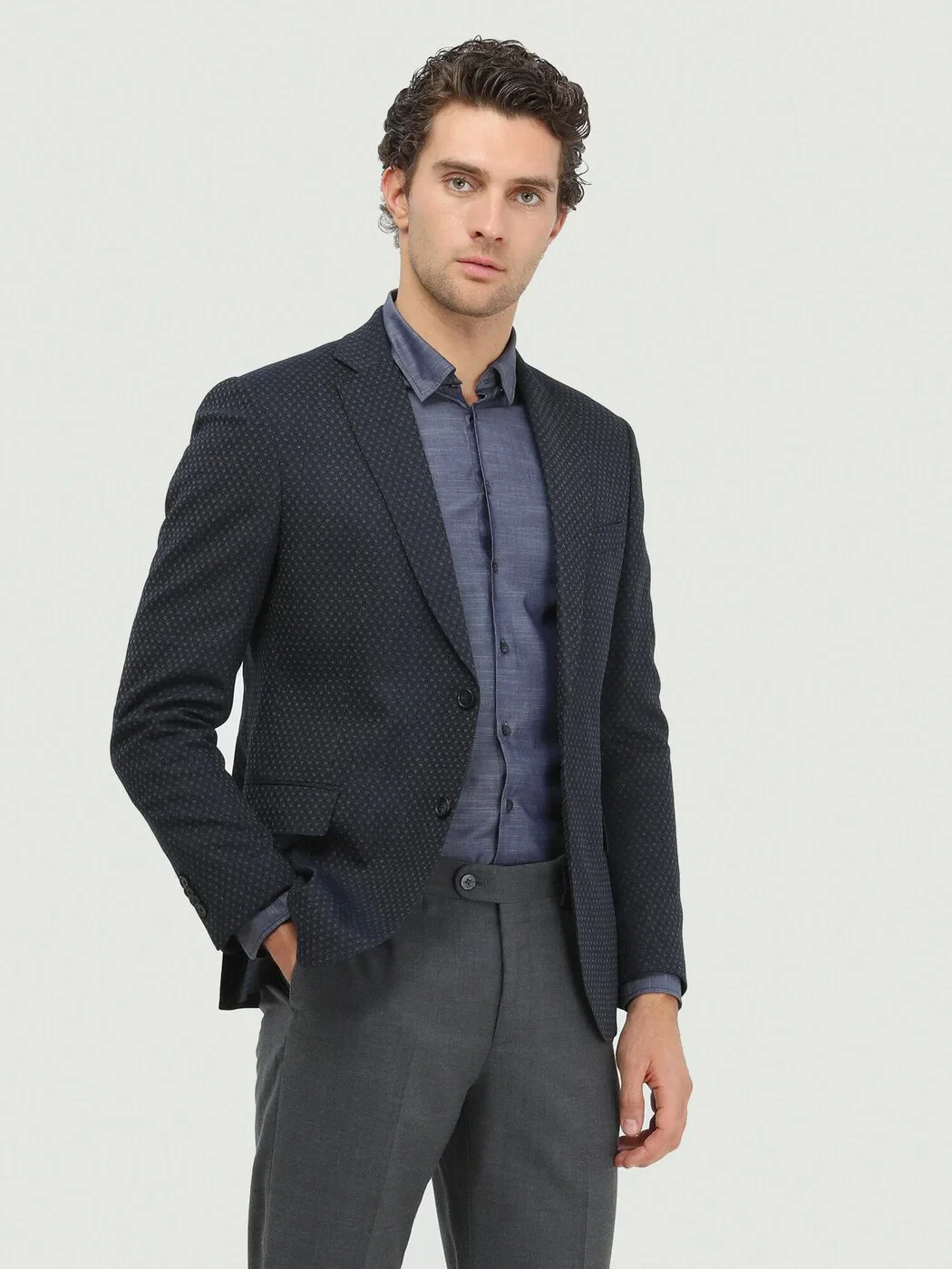 Navy Blue Patterned Modern Fit Wool Blended Jacket - 1