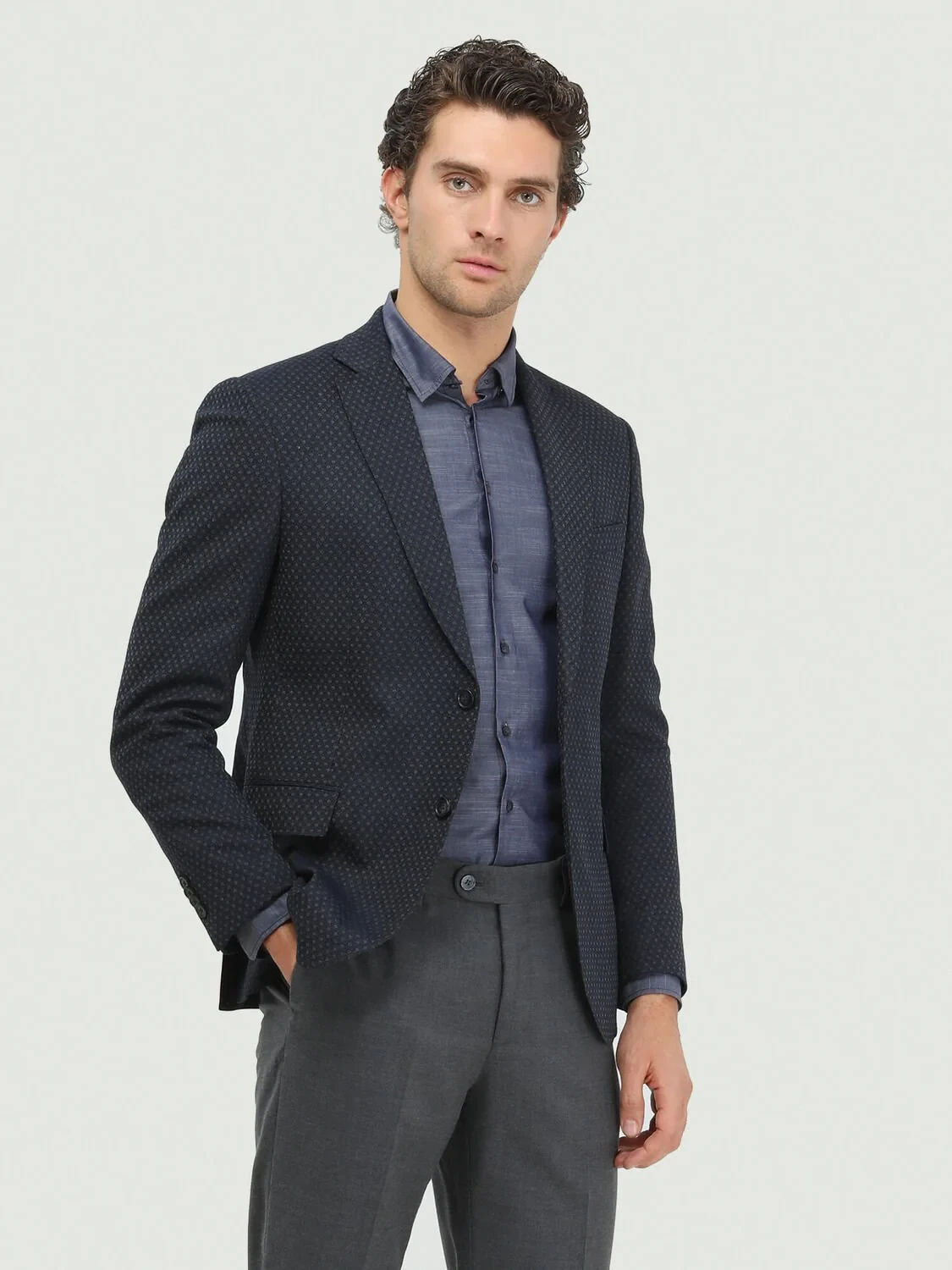 Navy Blue Patterned Modern Fit Wool Blended Jacket - 1
