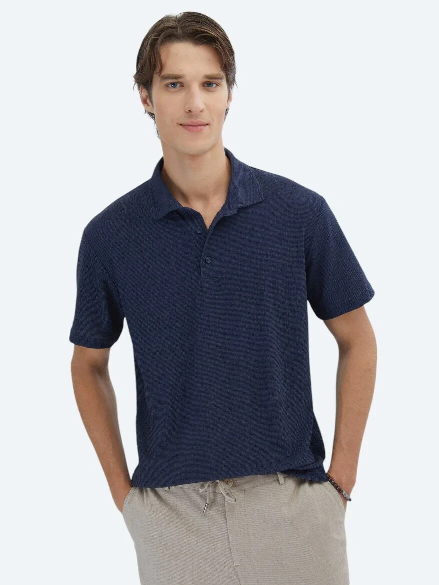 Navy Blue Patterned Polo Neck T-Shirt - 1
