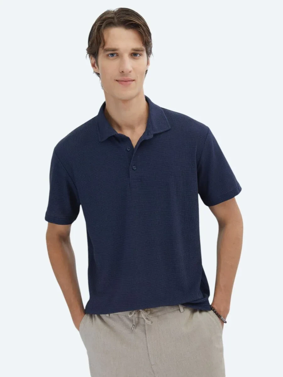 Navy Blue Patterned Polo Neck T-Shirt - 1