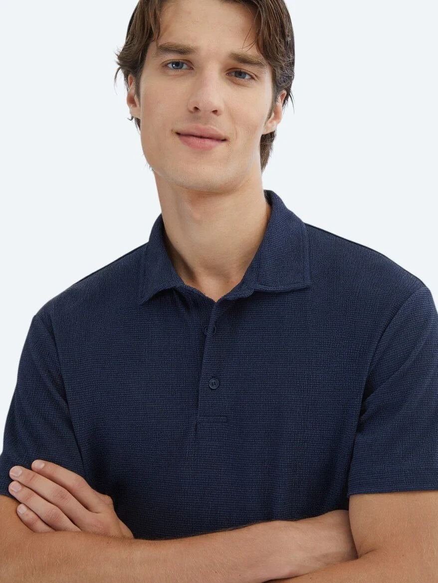 Navy Blue Patterned Polo Neck T-Shirt - 3