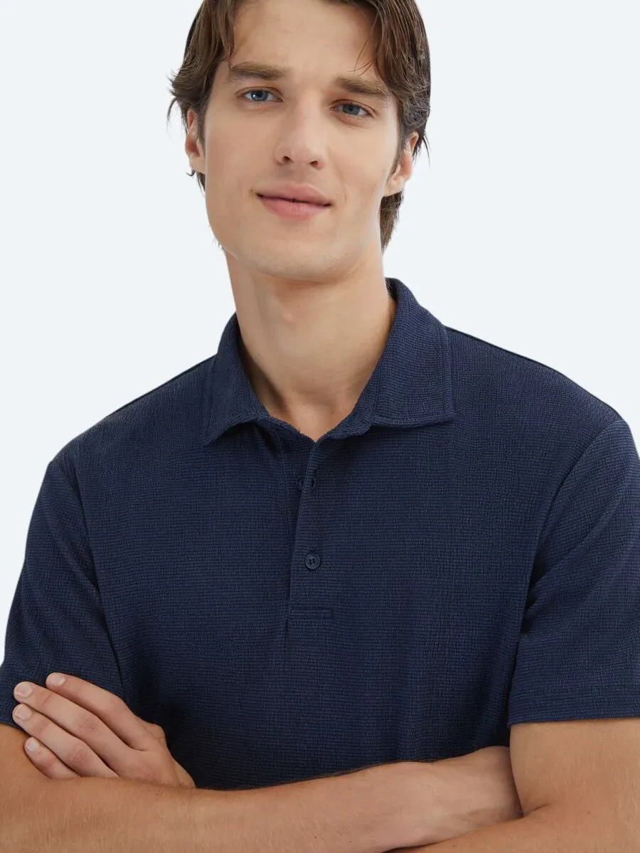 Navy Blue Patterned Polo Neck T-Shirt - 3