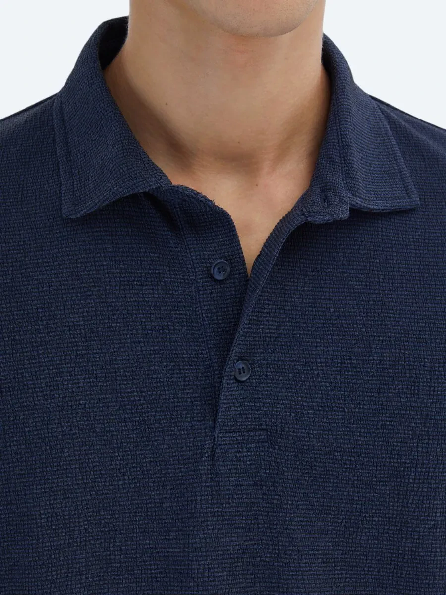 Navy Blue Patterned Polo Neck T-Shirt - 4