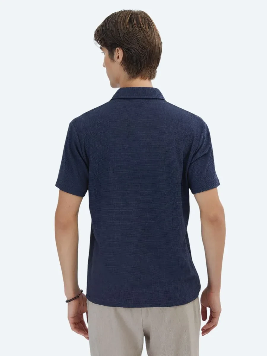 Navy Blue Patterned Polo Neck T-Shirt - 5