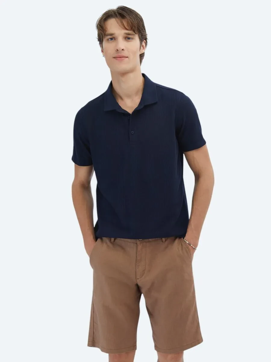 Navy Blue Patterned Polo Neck T-Shirt - 1