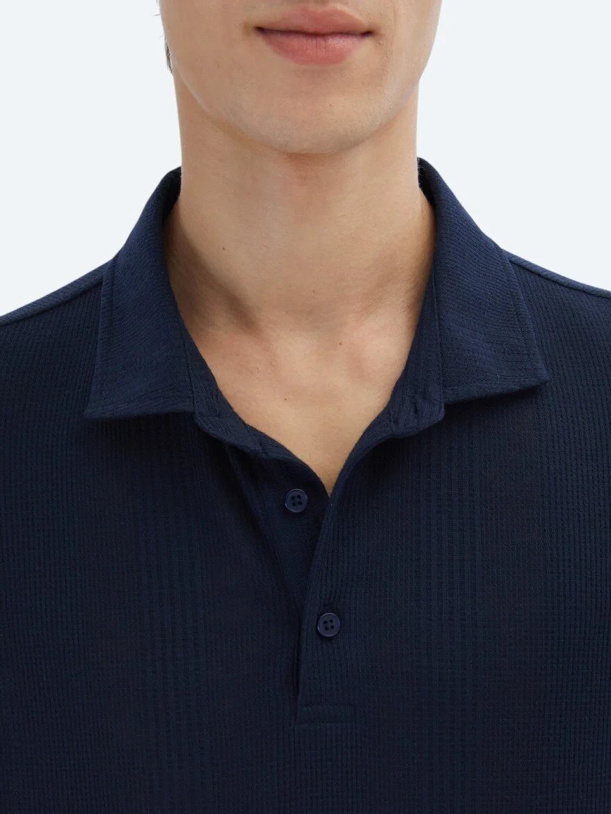 Navy Blue Patterned Polo Neck T-Shirt - 4