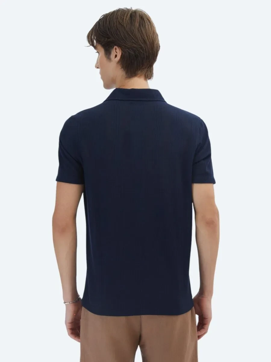 Navy Blue Patterned Polo Neck T-Shirt - 5
