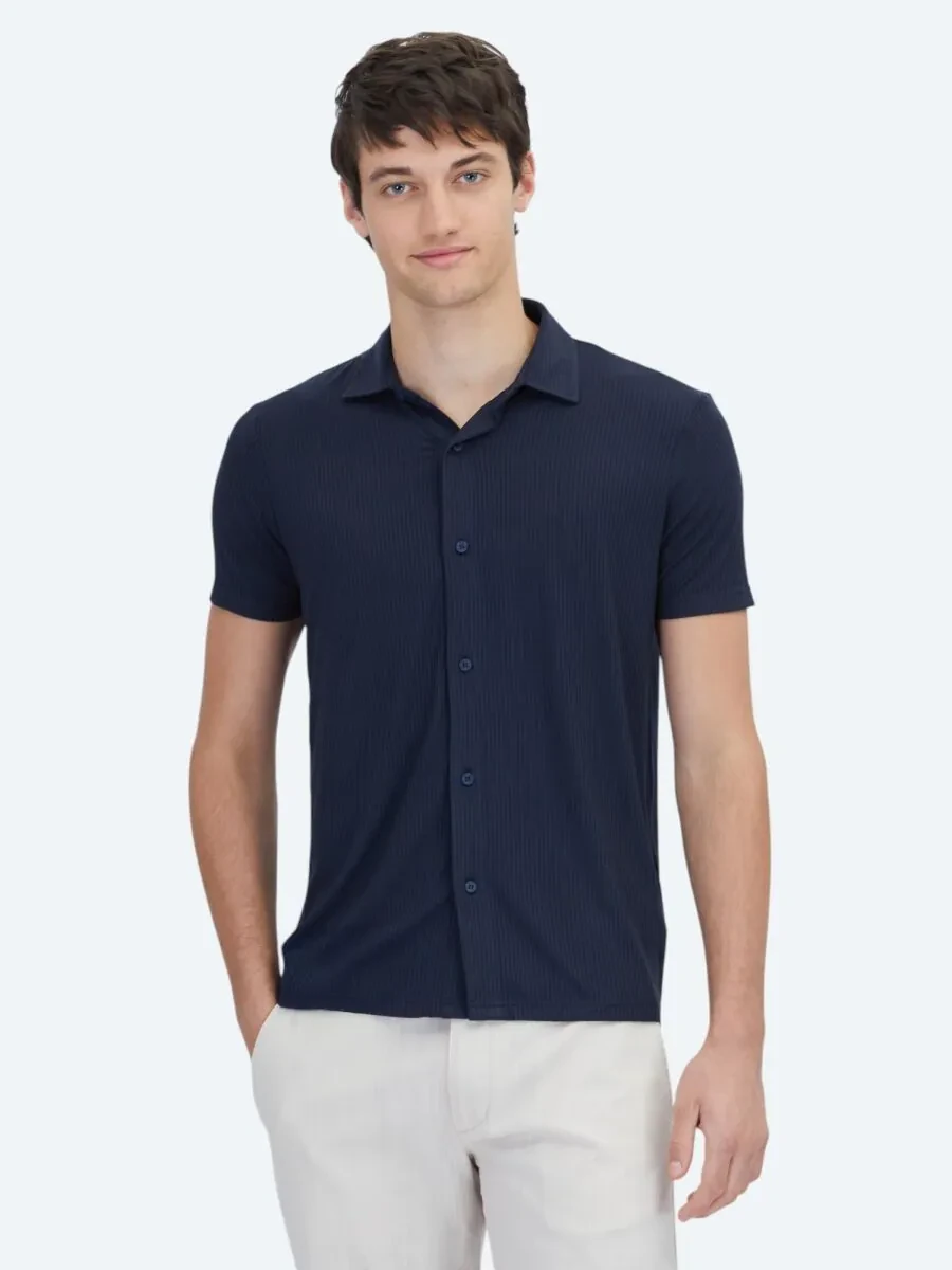 Navy Blue Patterned Regular Fit Knitting Casual Shirt - 1