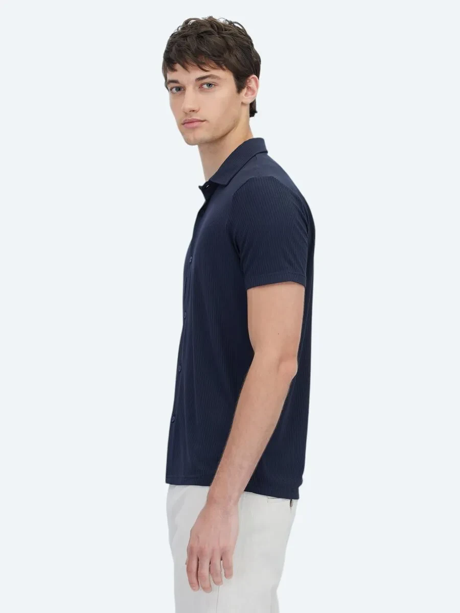 Navy Blue Patterned Regular Fit Knitting Casual Shirt - 3