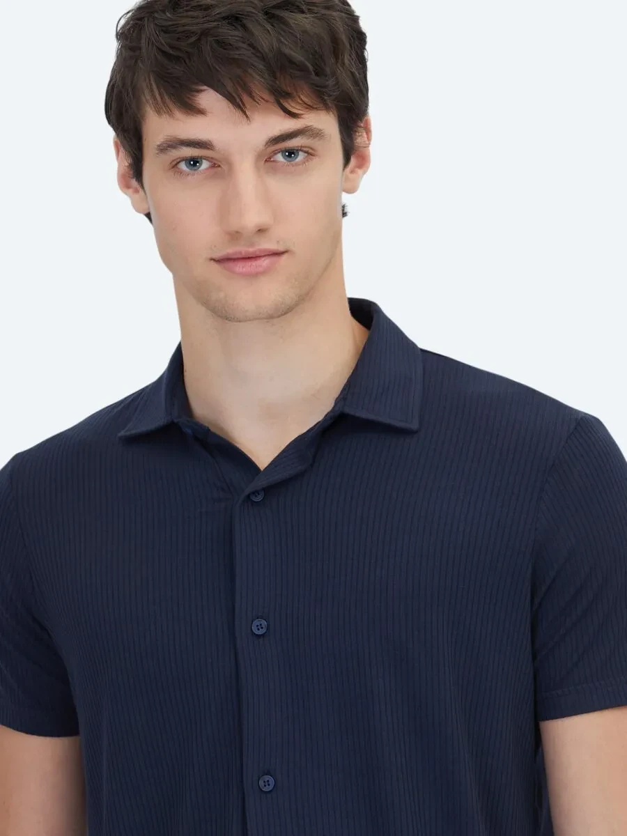 Navy Blue Patterned Regular Fit Knitting Casual Shirt - 4