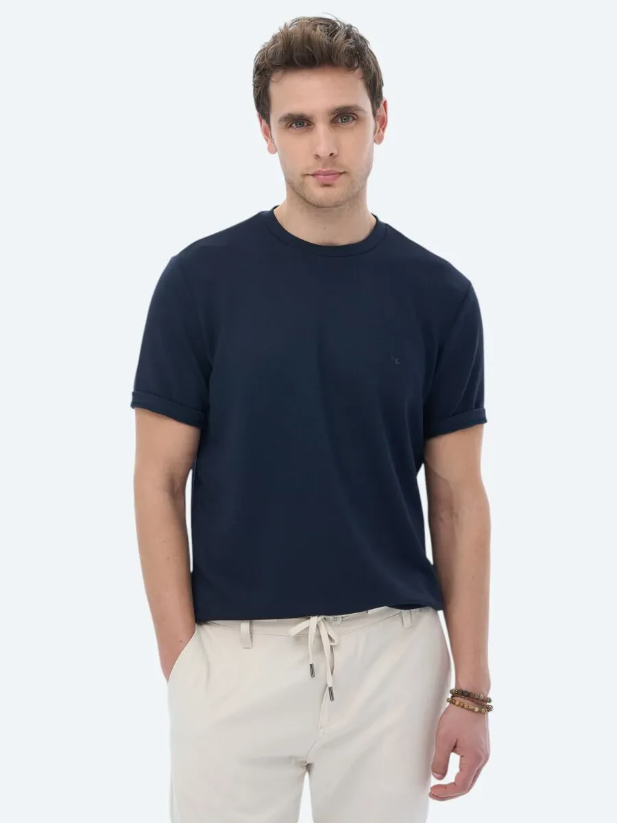 Navy Blue Plain Crew Neck T-Shirt - 1