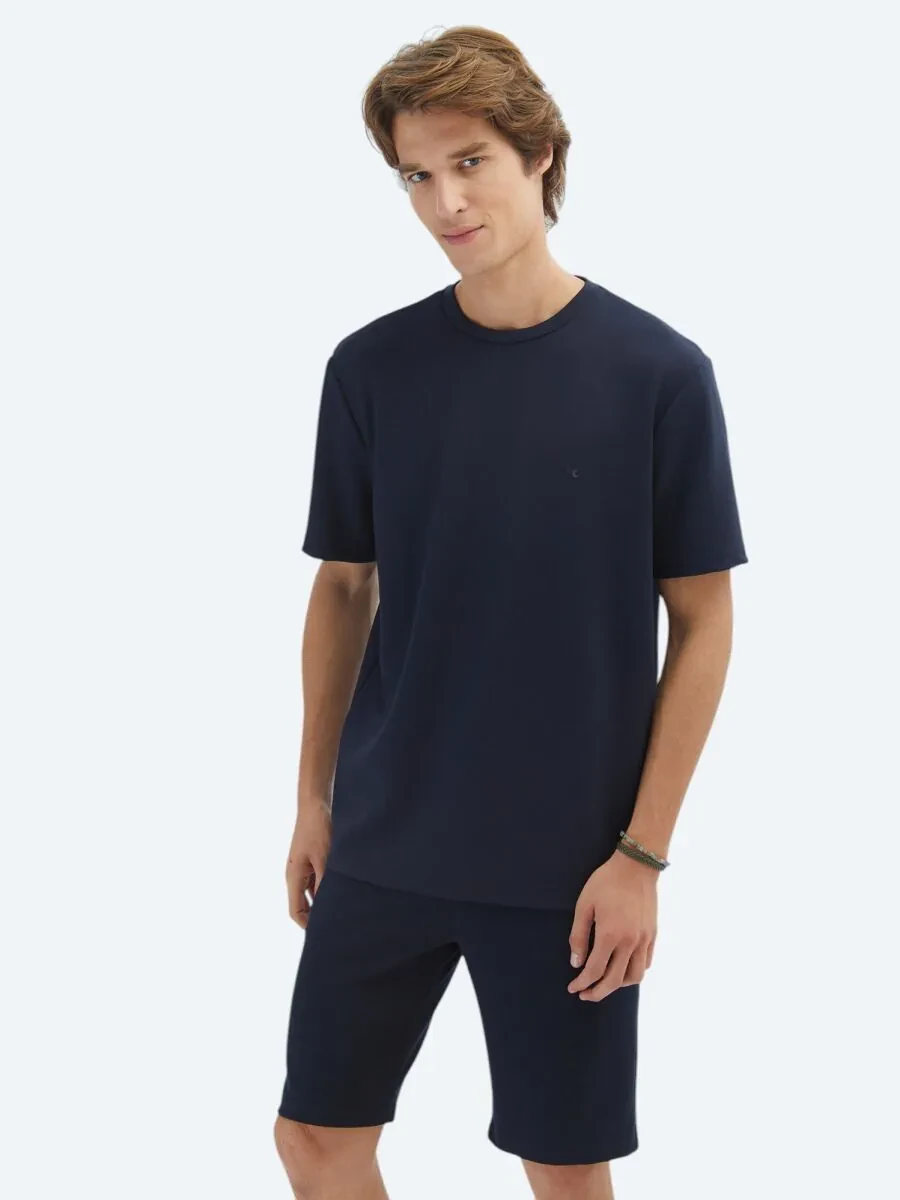 Navy Blue Plain Crew Neck T-Shirt - 1