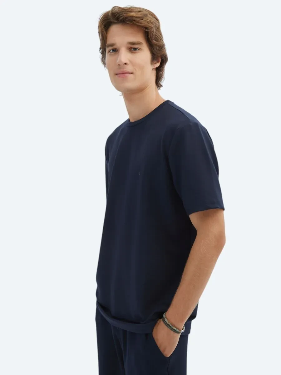 Navy Blue Plain Crew Neck T-Shirt - 4
