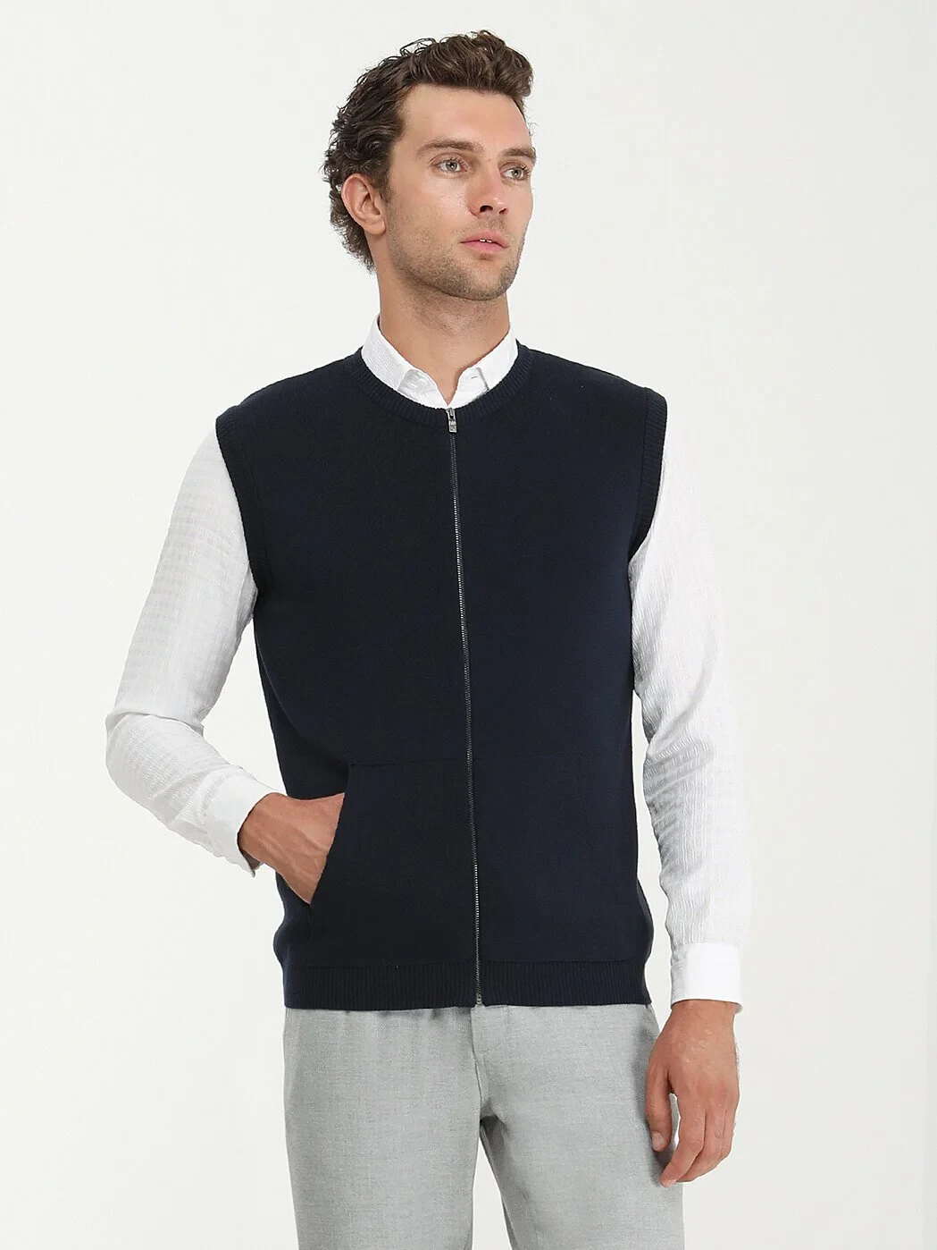 Navy Blue Plain Knitting Knit Vest - 1