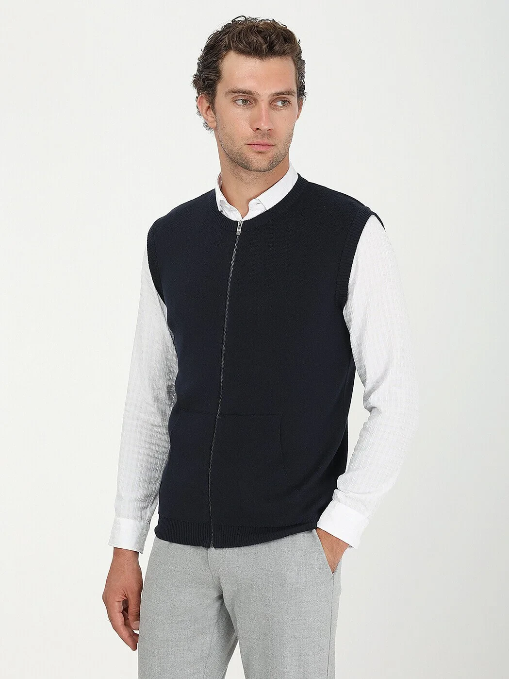 Navy Blue Plain Knitting Knit Vest - 2