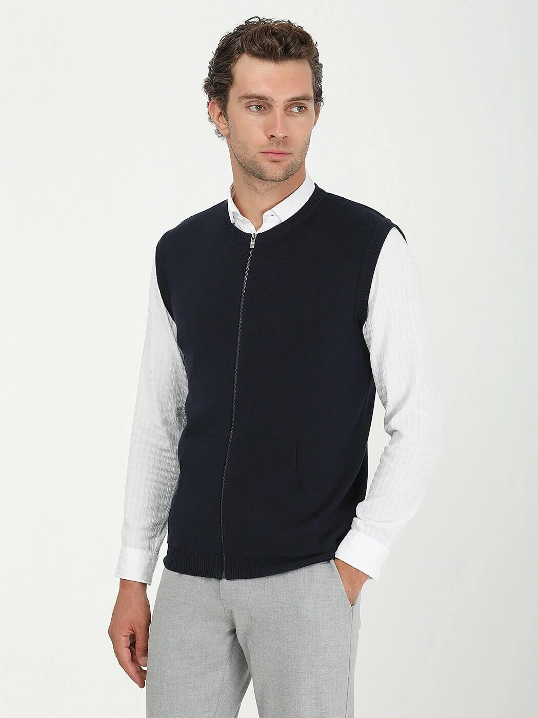 Navy Blue Plain Knitting Knit Vest - 2