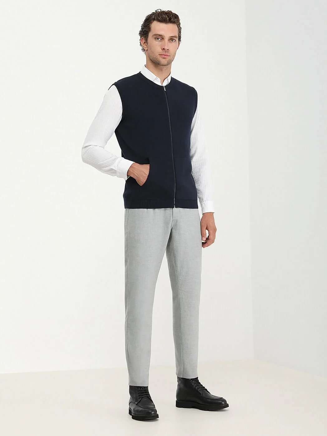 Navy Blue Plain Knitting Knit Vest - 3